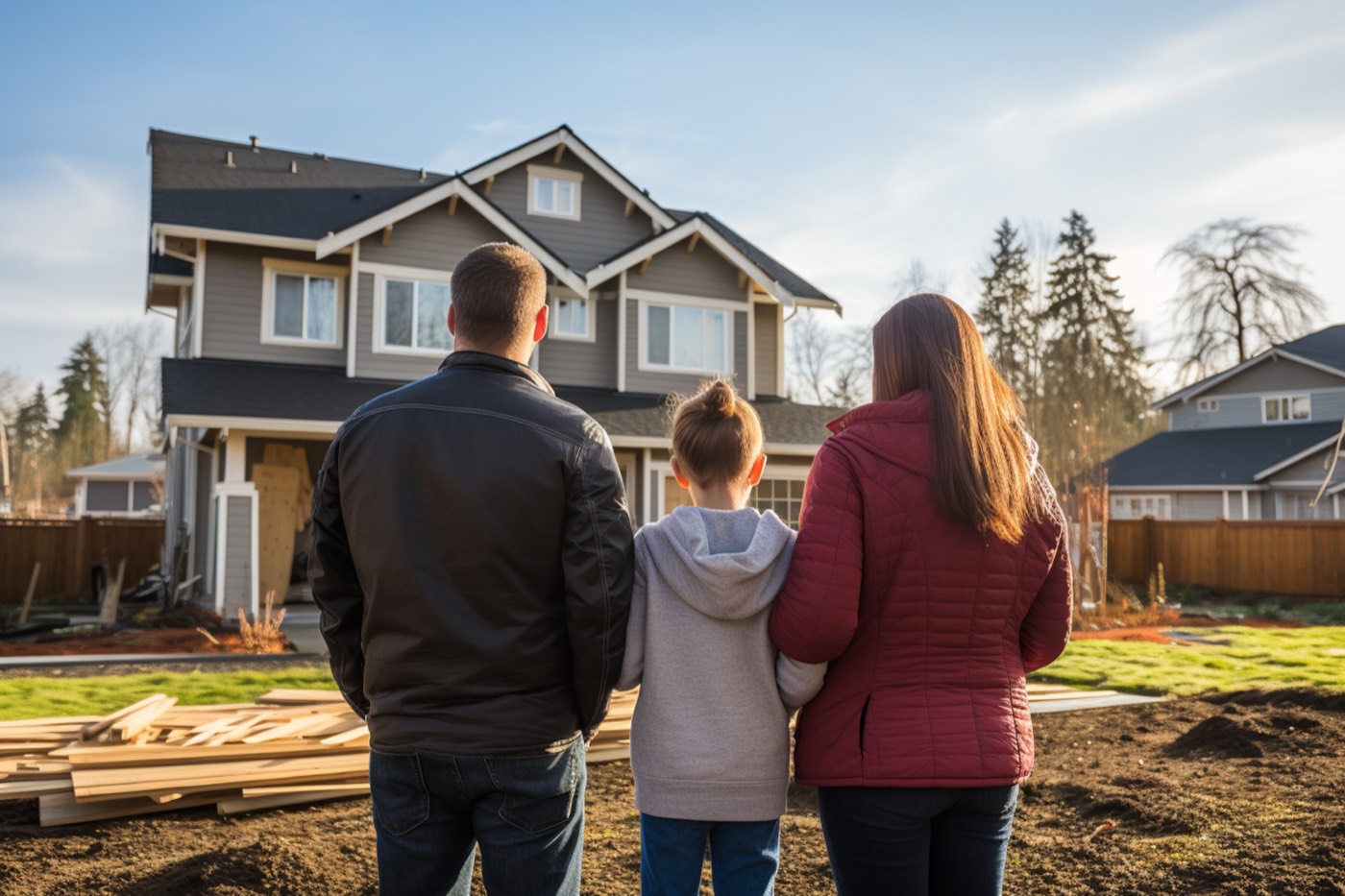 Family standing in front of their new home built by JD Homes Design and Construction